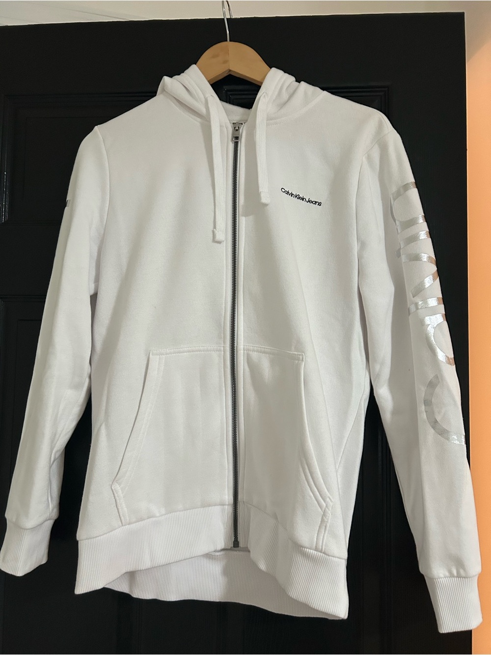 Calvin Klein White Full-Zip Hooded Jacket with Metallic Sleeve Detail